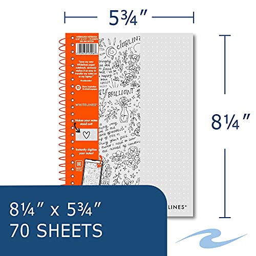 ROARING SPRING Whitelines Dot Ruled Spiral Bullet Journal, Digitally Download Your Notes, FREE App, 8.25" x 5.75" 70 Sheets