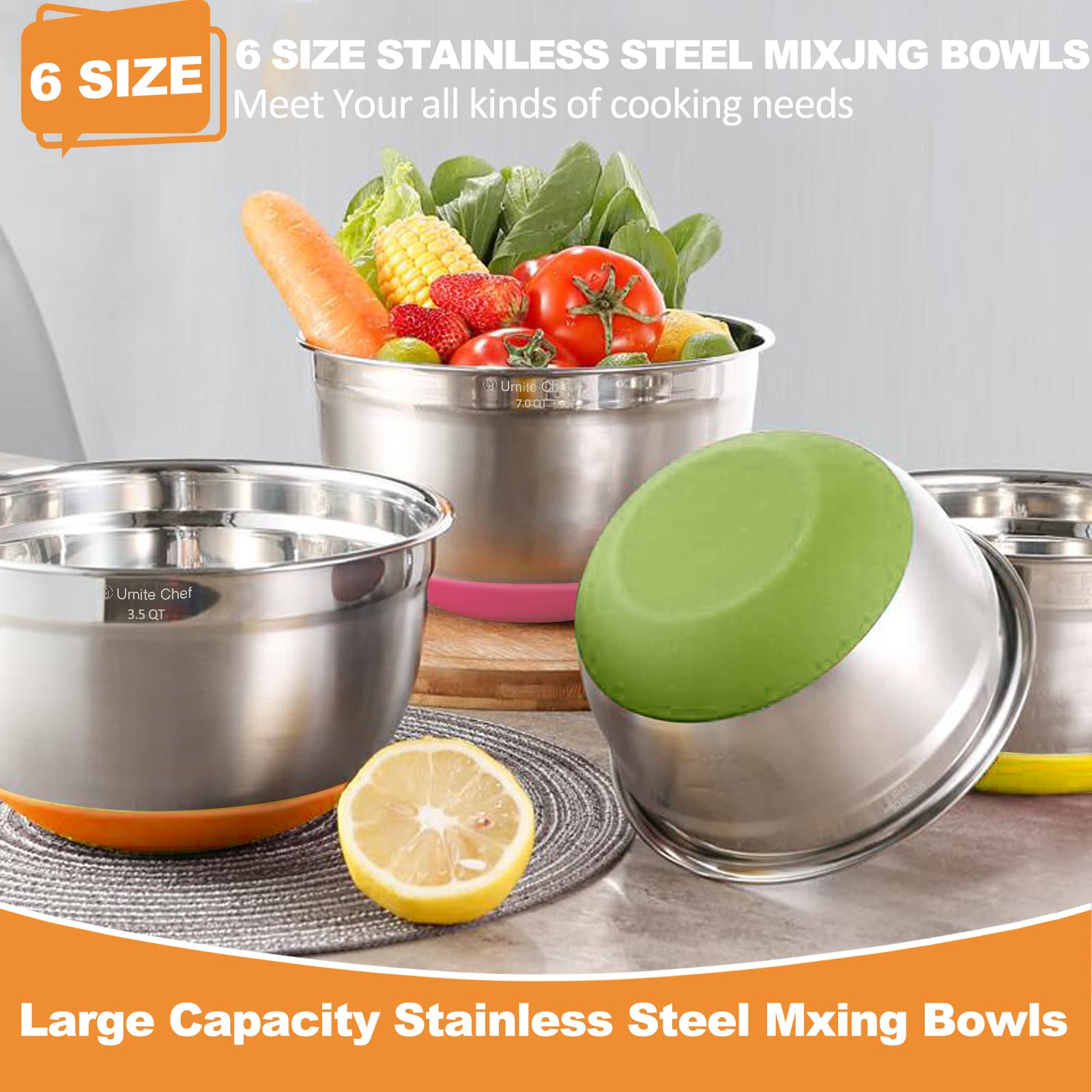 Umite Chef Mixing Bowls with Airtight Lids, 6 Piece Stainless Steel Metal Bowls, Measurement Marks & Colorful Non-Slip Bottoms Size 7, 3.5, 2.5, 2.0,1.5, 1QT, Great for Mixing & Serving