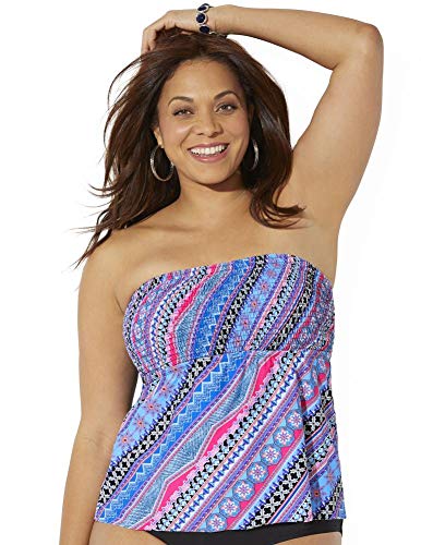 Swimsuits For All Women's Plus Size Smocked Bandeau Tankini Top 24 Pink Blue Zigzag Multicolored