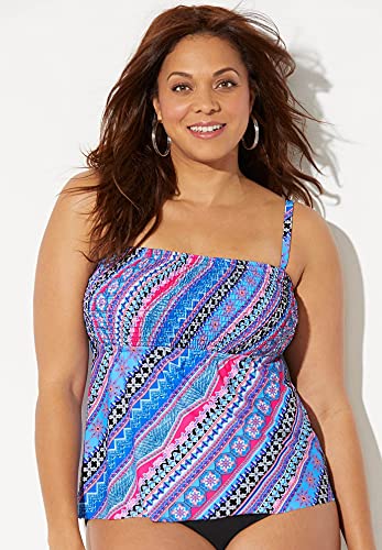 Swimsuits For All Women's Plus Size Smocked Bandeau Tankini Top 24 Pink Blue Zigzag Multicolored