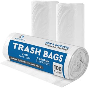 clear 7-10 gallon trash bags, bulk pack - medium size garbage bin liners for office, bedroom and kitchen wastebasket cans - by executive collection (100 bags)
