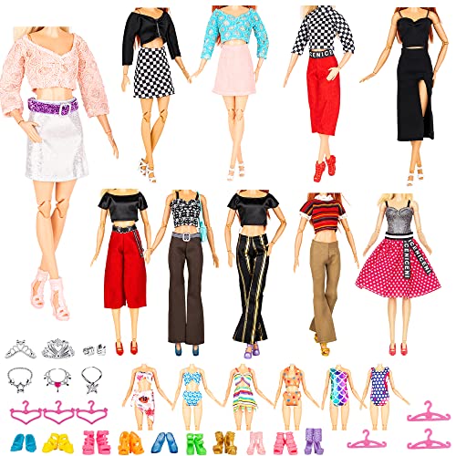 Keysse New Modern Doll Clothes and Accessories - 39 Items Gift Set , 10 Sets Modern Series Fashion Outfit Include 5 Dresses, 5 Top 5 Pants and 3 Swimsuit, 22 Accessories