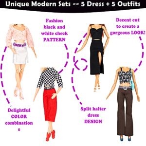 Keysse New Modern Doll Clothes and Accessories - 39 Items Gift Set , 10 Sets Modern Series Fashion Outfit Include 5 Dresses, 5 Top 5 Pants and 3 Swimsuit, 22 Accessories