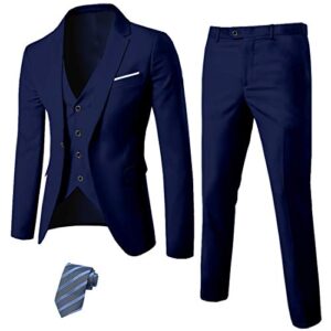mys men's 3 piece slim fit suit set, one button solid jacket vest pants with tie deep blue