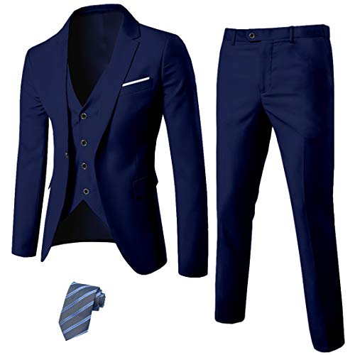 MYS Men's 3 Piece Slim Fit Suit Set, One Button Solid Jacket Vest Pants with Tie Deep Blue