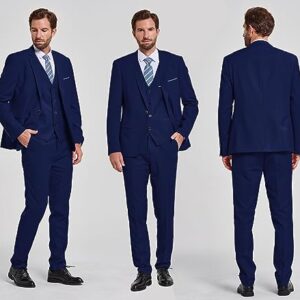 MYS Men's 3 Piece Slim Fit Suit Set, One Button Solid Jacket Vest Pants with Tie Deep Blue