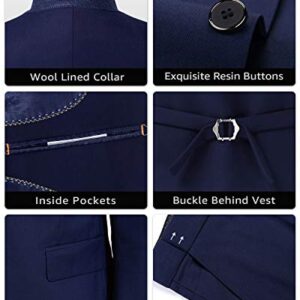 MYS Men's 3 Piece Slim Fit Suit Set, One Button Solid Jacket Vest Pants with Tie Deep Blue