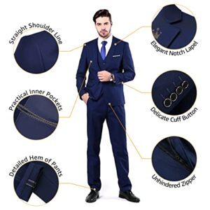 MYS Men's 3 Piece Slim Fit Suit Set, One Button Solid Jacket Vest Pants with Tie Deep Blue