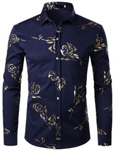zeroyaa men's 3d golden rose printed slim fit long sleeve button down floral dress shirts zzcl30 navy blue small