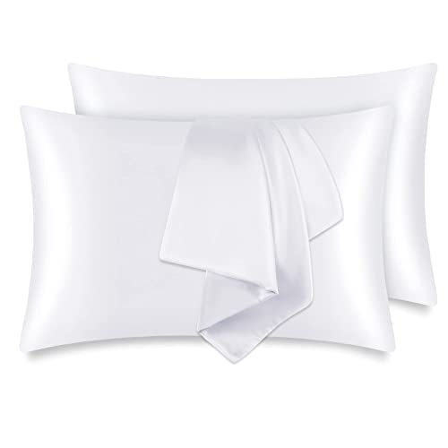 Zenssia Silky Satin Pillow Cases Set of 2, Soft Satin Pillowcases for Hair and Skin, Satin Pillow Covers with Zipper Closure, Queen Size 20x30 Inches, White