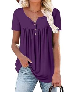 mystry zone women's vintage short sleeve henley v neck pleated tunic shirt purple large