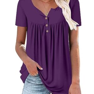 Mystry Zone Women's Vintage Short Sleeve Henley V Neck Pleated Tunic Shirt Purple Large