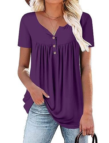 Mystry Zone Women's Vintage Short Sleeve Henley V Neck Pleated Tunic Shirt Purple Large