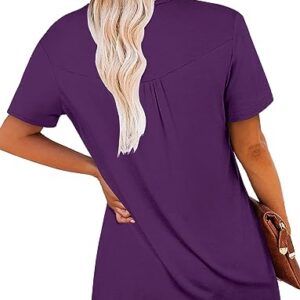 Mystry Zone Women's Vintage Short Sleeve Henley V Neck Pleated Tunic Shirt Purple Large