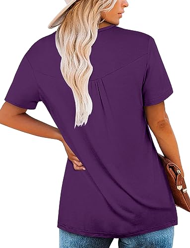 Mystry Zone Women's Vintage Short Sleeve Henley V Neck Pleated Tunic Shirt Purple Large