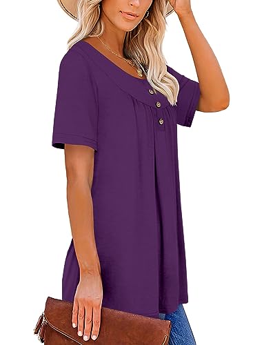 Mystry Zone Women's Vintage Short Sleeve Henley V Neck Pleated Tunic Shirt Purple Large