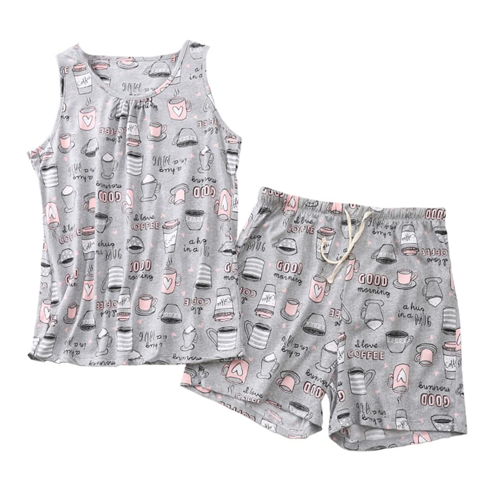 PNAEONG Women Cotton Sleepwear Short Sets Tank&Short Pajamas Sets XTSY208-Coffee-XL