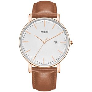 burei men's fashion minimalist wrist watch analog date with leather strap (rose gold brown)