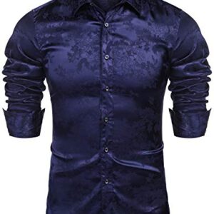 COOFANDY Mens Floral Rose Printed Long Sleeve Dress Shirts Prom Wedding Party Button Down Shirts (Deep blue)