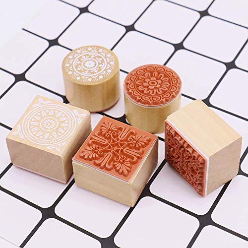 Fciqven 12Pcs Wooden Stamps Floral Pattern Rubber Stamp Round and Square Lace Wooden Rubber Stamp for Scrapbooking and DIY Craft Card