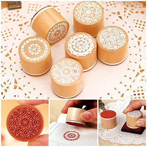 Fciqven 12Pcs Wooden Stamps Floral Pattern Rubber Stamp Round and Square Lace Wooden Rubber Stamp for Scrapbooking and DIY Craft Card