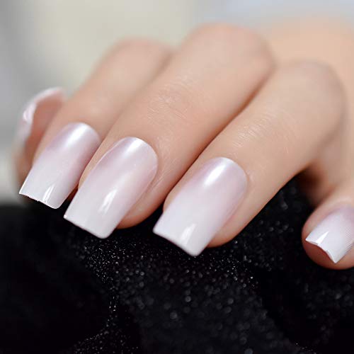 EchiQ Pearl Shine Glossy Fake Nails Shimmer White Square French Nail Ombre Faux Ongles Gradient Medium Fingernails with Gluetabs