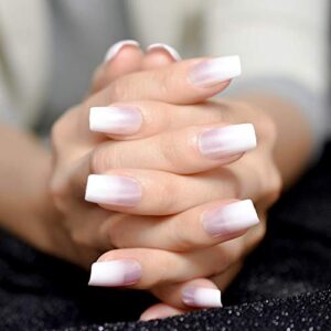 EchiQ Pearl Shine Glossy Fake Nails Shimmer White Square French Nail Ombre Faux Ongles Gradient Medium Fingernails with Gluetabs