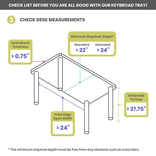 FERSGO Under Desk Keyboard Tray, 20" x 11" Tray, 23" Track, Dynamic Height Adjust, Undermount Sliding Computer Keyboard and Mouse Tray with Wrist Rest, Swivels 360°, Adjustable Height and ±15° tilt