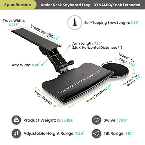 FERSGO Under Desk Keyboard Tray, 20" x 11" Tray, 23" Track, Dynamic Height Adjust, Undermount Sliding Computer Keyboard and Mouse Tray with Wrist Rest, Swivels 360°, Adjustable Height and ±15° tilt