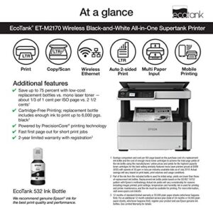 Epson EcoTank ET-M2170 Wireless Monochrome All-in-One Supertank Printer with Ethernet PLUS 2 Years of Unlimited Ink*,White