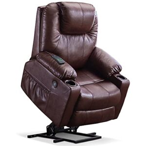 mcombo electric power lift recliner chair sofa with massage and heat for elderly, 3 positions, 2 side pockets, and cup holders, usb ports, faux leather 7040 (medium, dark brown)