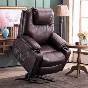 MCombo Electric Power Lift Recliner Chair Sofa with Massage and Heat for Elderly, 3 Positions, 2 Side Pockets, and Cup Holders, USB Ports, Faux Leather 7040 (Medium, Dark Brown)