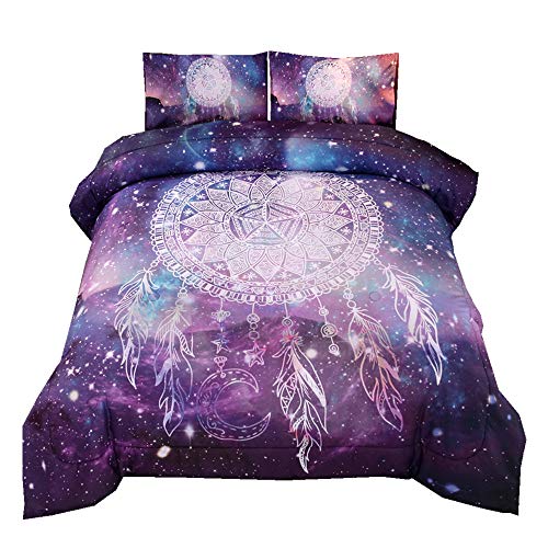 NTBED Galaxy Dream Catcher Comforter Set Queen Purple, 3-Pieces Bohemian Mandala Quilt, Psychedelic Dreamcather Starry Sky Bedding Set for Adults Teens Girls (Purple, Queen)