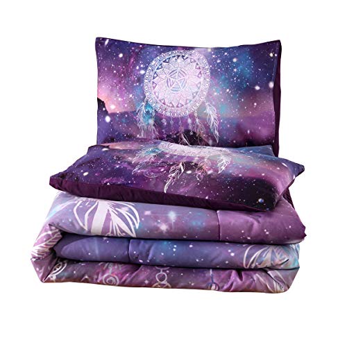 NTBED Galaxy Dream Catcher Comforter Set Queen Purple, 3-Pieces Bohemian Mandala Quilt, Psychedelic Dreamcather Starry Sky Bedding Set for Adults Teens Girls (Purple, Queen)