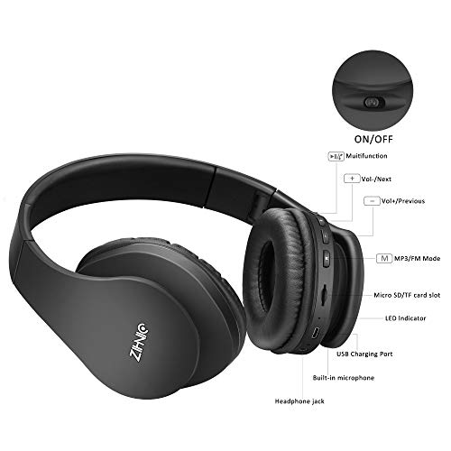 ZIHNIC Bluetooth Headphones Over-Ear, Foldable Wireless and Wired Stereo Headset Micro SD/TF, FM for Cell Phone,PC,Soft Earmuffs &Light Weight for Prolonged Wearing (Black)