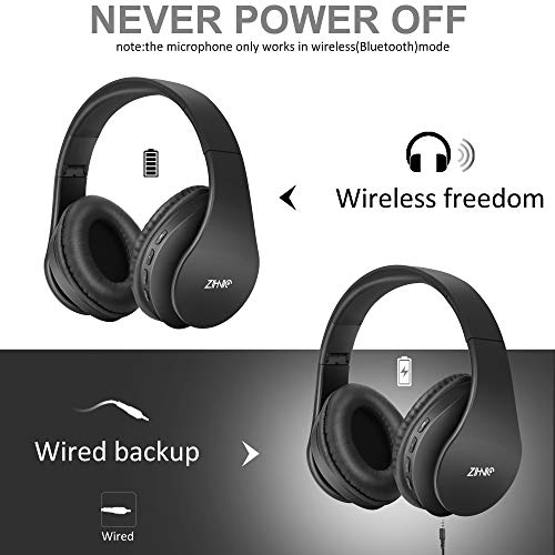 ZIHNIC Bluetooth Headphones Over-Ear, Foldable Wireless and Wired Stereo Headset Micro SD/TF, FM for Cell Phone,PC,Soft Earmuffs &Light Weight for Prolonged Wearing (Black)