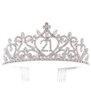 ella celebration 21st birthday tiara 21 crown for women birthday party headband hair accessories supplies (silver heart)