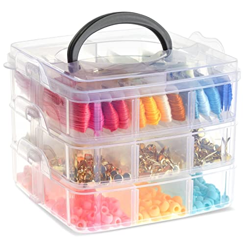 3 Tier Stackable Storage Containers with Adjustable Compartments for Beads, Sewing Accessories, Arts and Crafts Supplies (6 x 6 x 5 in)