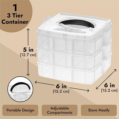 3 Tier Stackable Storage Containers with Adjustable Compartments for Beads, Sewing Accessories, Arts and Crafts Supplies (6 x 6 x 5 in)