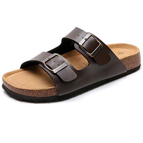 Real Fancy Men's Cork Footbed Sandals with Two Adjustable Buckle Straps - Slip on Summer Slide Sandals for men, Arch Support (Size 9)