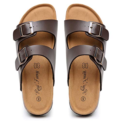 Real Fancy Men's Cork Footbed Sandals with Two Adjustable Buckle Straps - Slip on Summer Slide Sandals for men, Arch Support (Size 9)