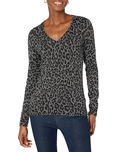 Amazon Essentials Women's Classic-Fit Lightweight Long-Sleeve V-Neck Sweater (Available in Plus Size), Grey Heather Leopard Print, Large