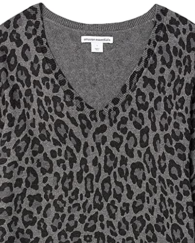Amazon Essentials Women's Classic-Fit Lightweight Long-Sleeve V-Neck Sweater (Available in Plus Size), Grey Heather Leopard Print, Large