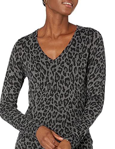 Amazon Essentials Women's Classic-Fit Lightweight Long-Sleeve V-Neck Sweater (Available in Plus Size), Grey Heather Leopard Print, Large