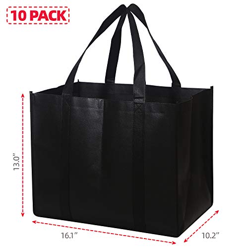 DIOMMELL Set of 10 Reusable Grocery Bags Extra Large Foldable Heavy Duty Shopping Tote Produce Bag with Reinforced Handles, Black