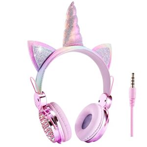 koraba unicorn kids headphones with microphone,wired over ear cute girl headsets for children/christmas/parties/birthday gifts (rainbow unicorn)