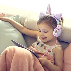 KORABA Unicorn Kids Headphones with Microphone,Wired Over Ear Cute Girl Headsets for Children/Christmas/Parties/Birthday Gifts (Rainbow Unicorn)