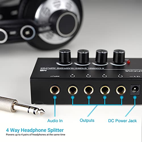 Fifine Headphone Amplifier 4 Channels Metal Stereo Audio Amplifier,Mini Earphone Splitter with Power Adapter-4x Quarter Inch Balanced TRS Headphones Output and TRS Audio Input for Sound Mixer-N6