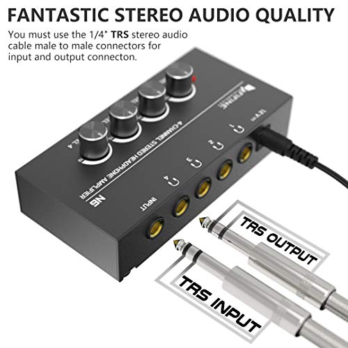 Fifine Headphone Amplifier 4 Channels Metal Stereo Audio Amplifier,Mini Earphone Splitter with Power Adapter-4x Quarter Inch Balanced TRS Headphones Output and TRS Audio Input for Sound Mixer-N6