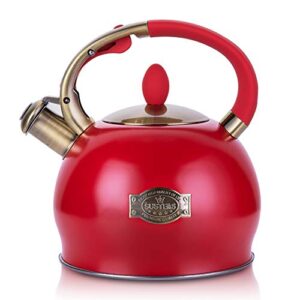 susteas stove top whistling tea kettle-surgical stainless steel teakettle teapot with cool touch ergonomic handle,1 free silicone pinch mitt included,2.64 quart(red)